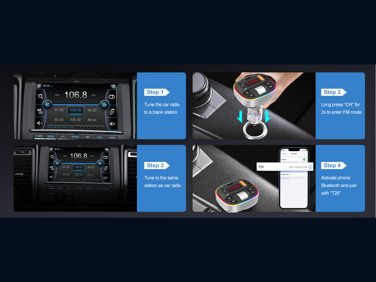 Bluetooth 5.0 FM Transmitter Wireless Car Adapter | MP3 Player &Dual USB Charger