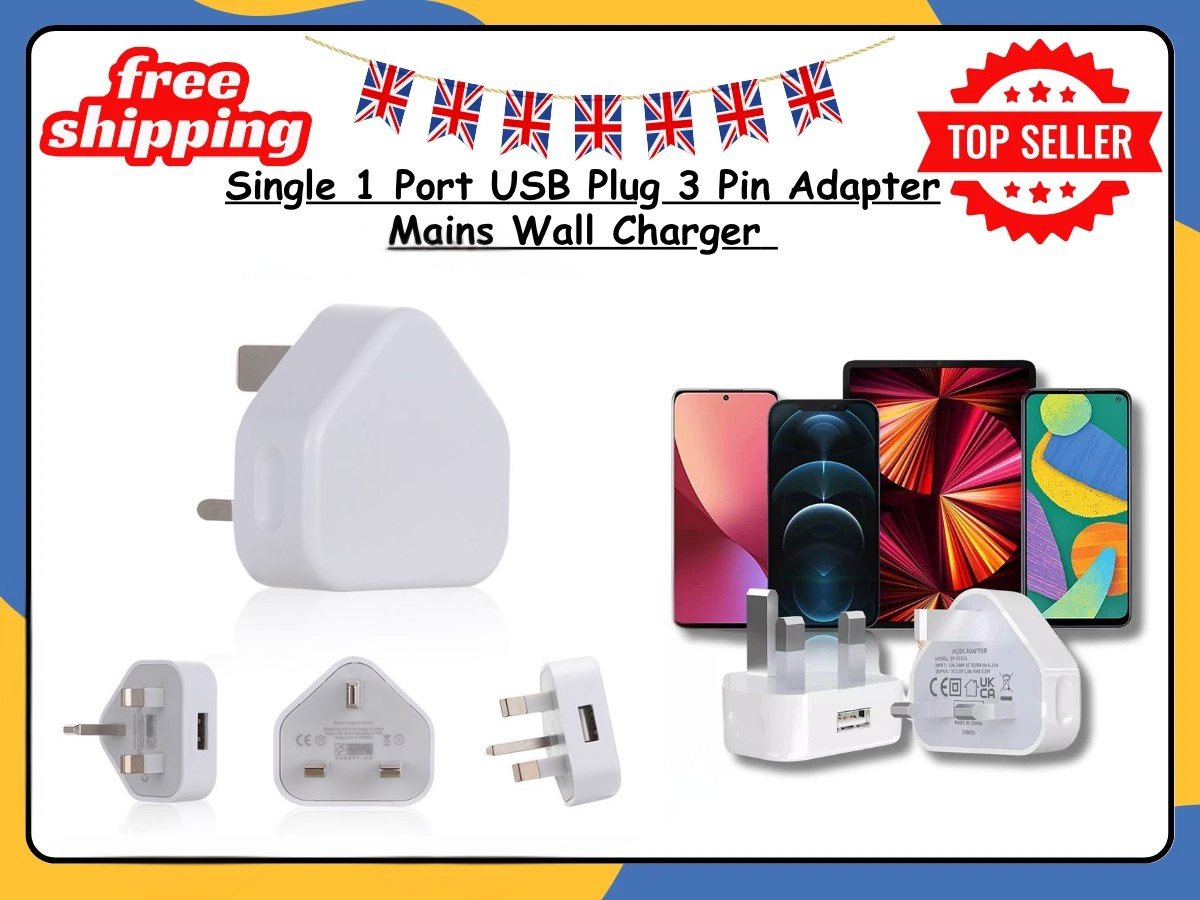 UK 3 Pin USB Wall Charger Plug Mains Fast Charging 1-Port Adapter for All Phones