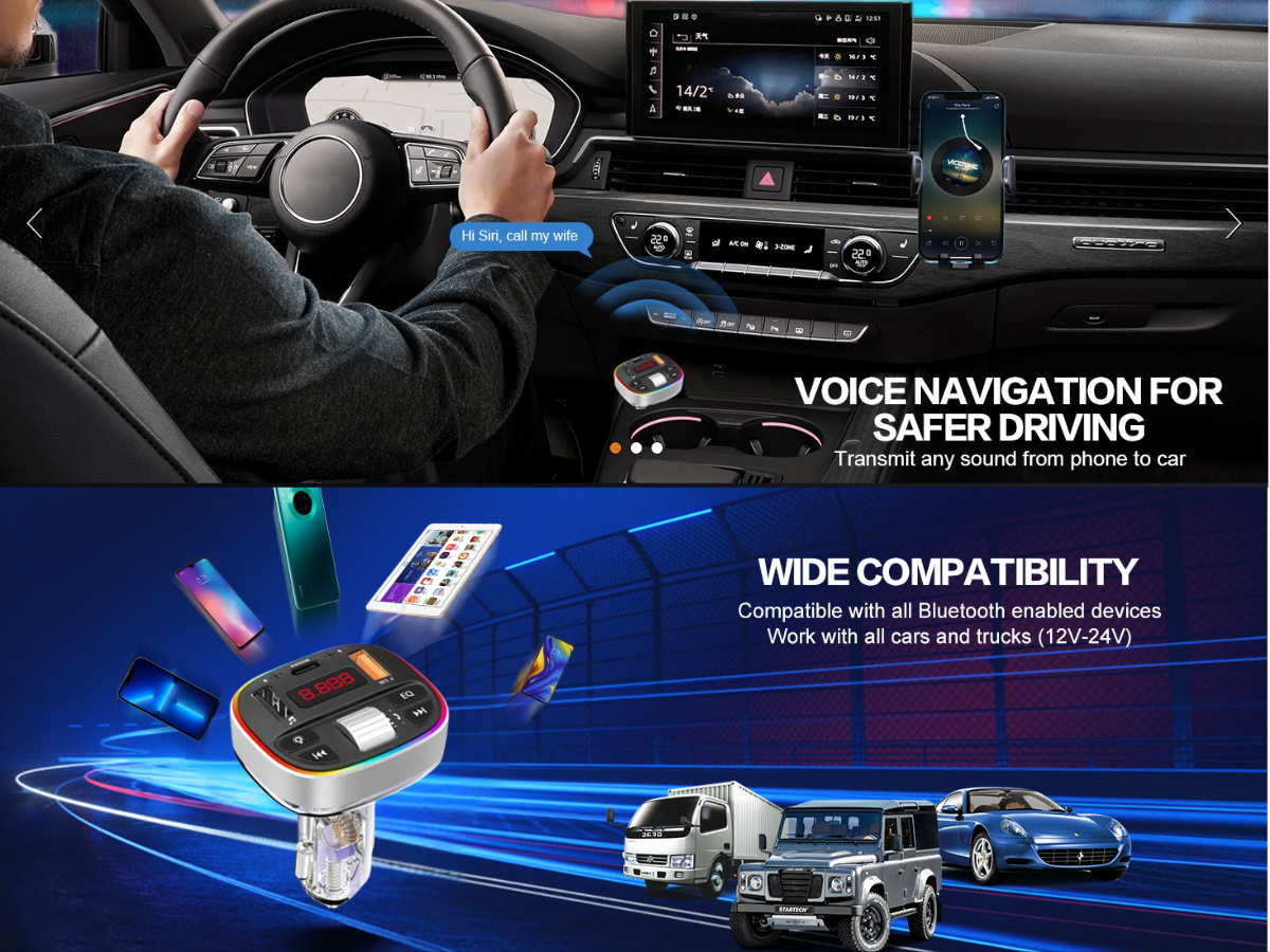 Bluetooth 5.0 FM Transmitter Wireless Car Adapter | MP3 Player &Dual USB Charger