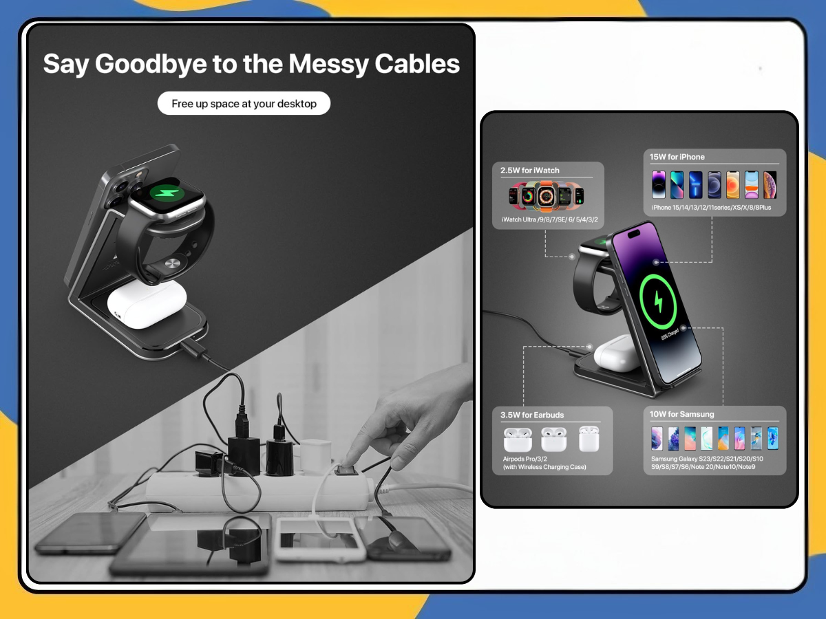 3in1-Wireless Charger Stand for iPhone, Apple Watch & AirPods Fast Charging Dock