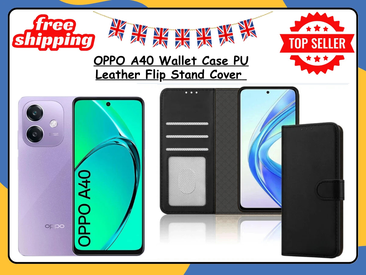OPPO A40 Leather Wallet Case Flip Stand View Magnetic Shockproof Black Cover UK