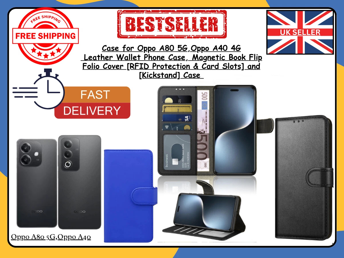 OPPO A80 5G / A40 4G Leather Wallet Case Shockproof, Flip, Card Slots Cover UK