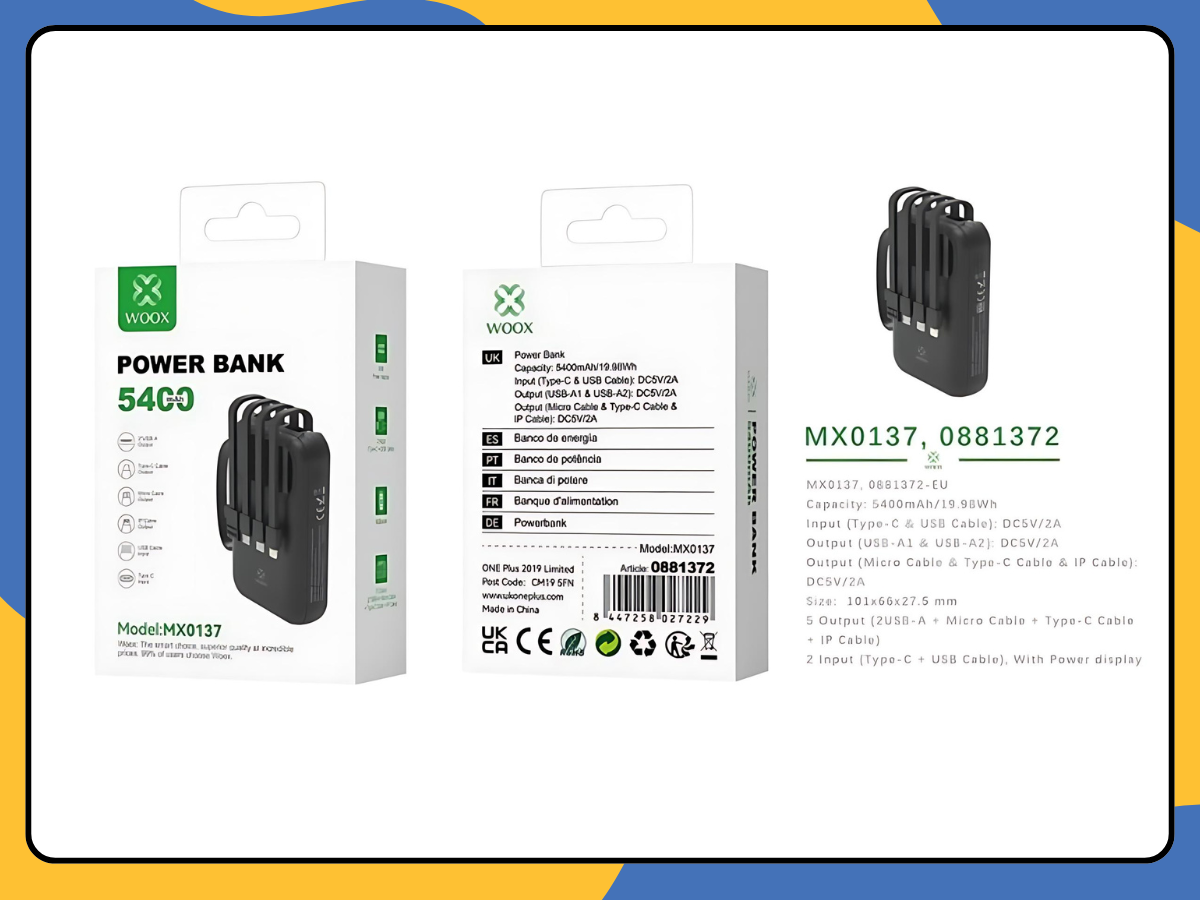 Power Bank 10000mAh with 4-in-1 Cables USB-C Micro USB Fast Charger UK Black