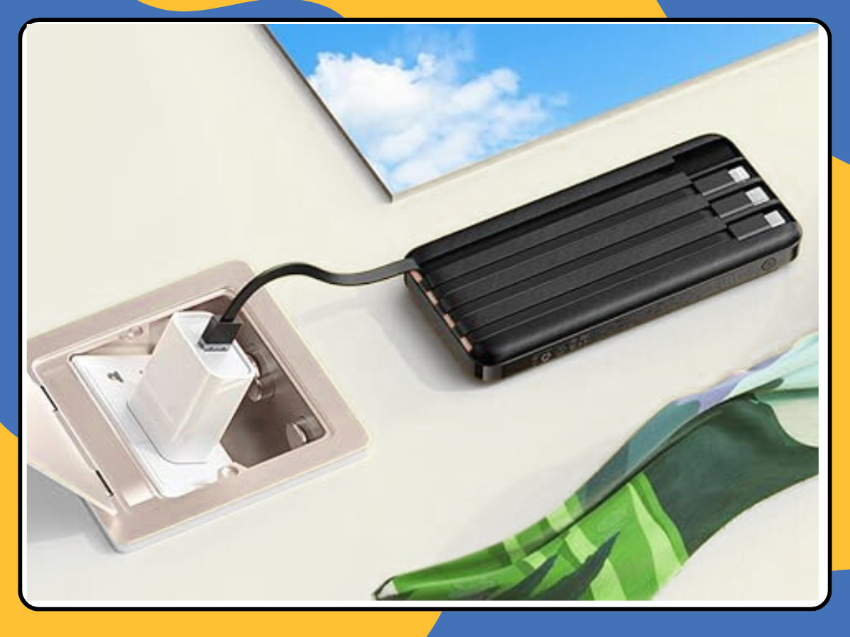 Power Bank 10000mAh with 4-in-1 Cables USB-C Micro USB Fast Charger UK Black