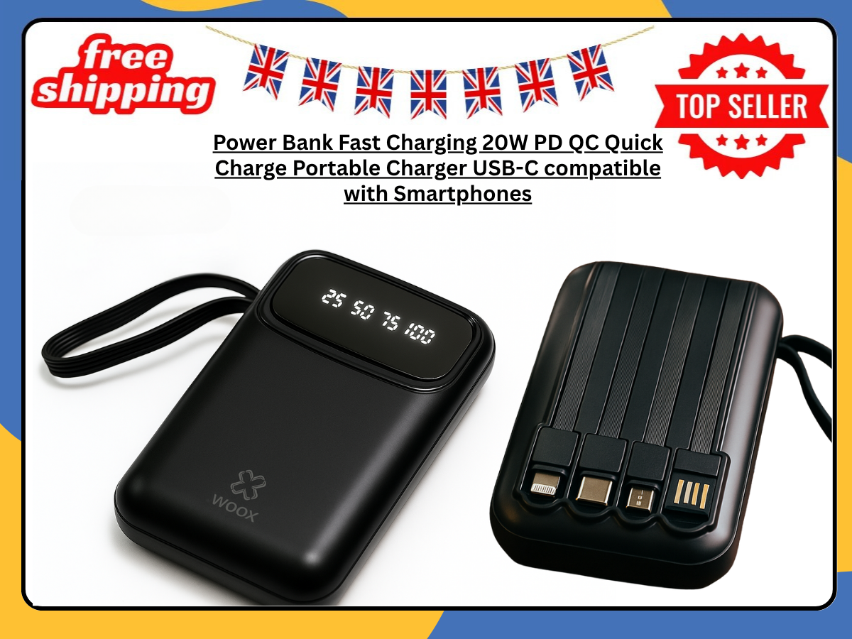 Power Bank 10000mAh with 4-in-1 Cables USB-C Micro USB Fast Charger UK Black