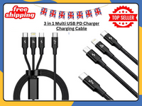 3 in 1 Fast Charging Cable USB-C PD Micro USB Charger Cord for Android Black UK