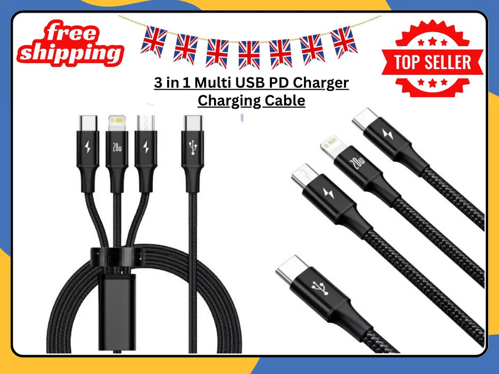 3 in 1 Fast Charging Cable USB-C PD Micro USB Charger Cord for Android Black UK