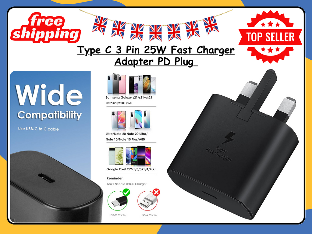 25W USB-C Fast Charger Plug PD UK 3 Pin Wall Adapter for Samsung iPhone Pixel UK