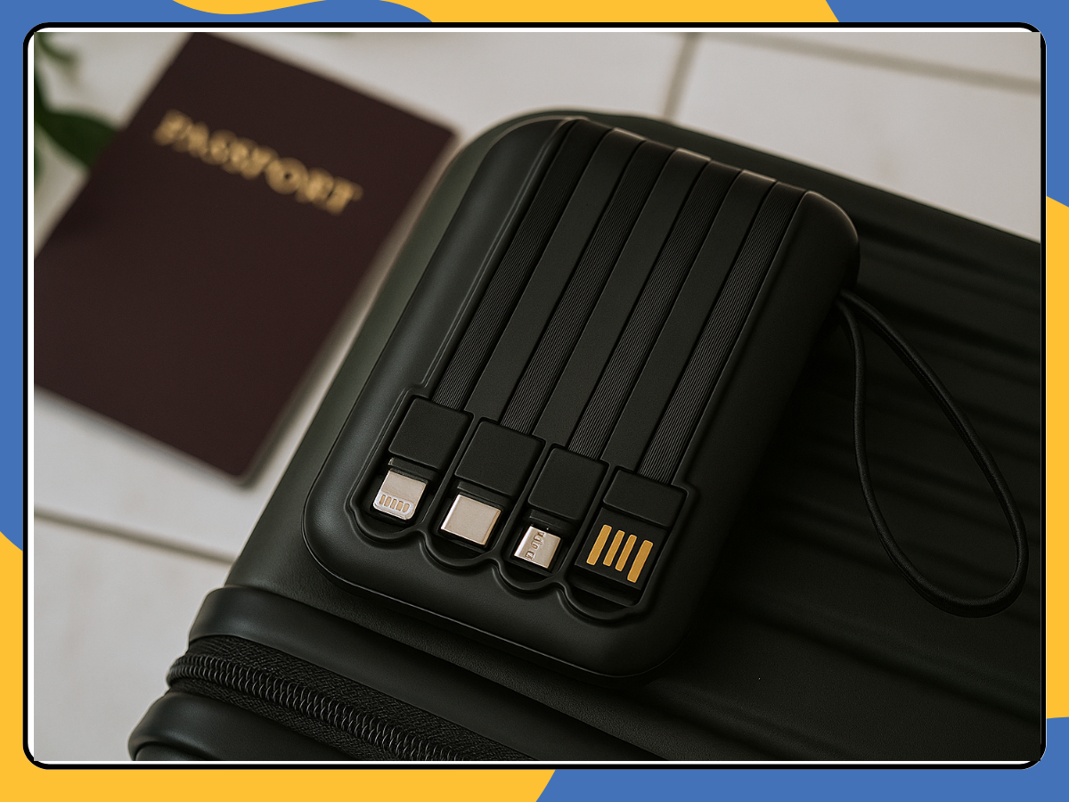 Power Bank 10000mAh with 4-in-1 Cables USB-C Micro USB Fast Charger UK Black