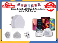 UK 3 Pin USB Wall Charger Plug Mains Fast Charging 1-Port Adapter for All Phones