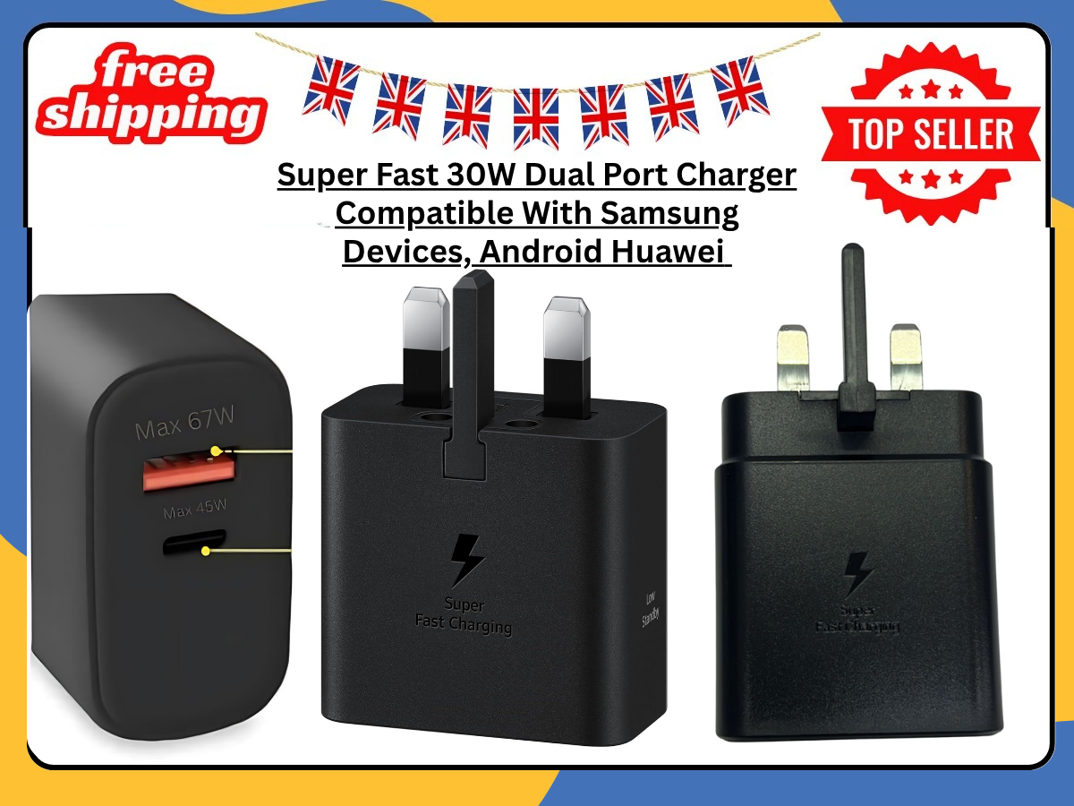 Super Fast Charging Wall Charger Dual Port USB-C Adapter | UK 3-Pin Plug Black