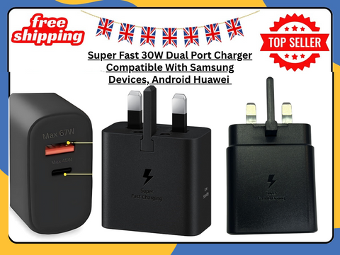 Super Fast Charging Wall Charger Dual Port USB-C Adapter | UK 3-Pin Plug Black