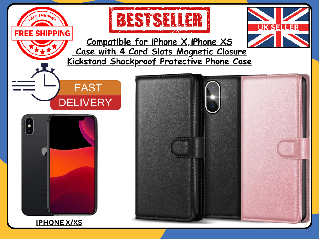 PU Leather Wallet Case for iPhone X/XS – Flip Cover, Card Holder, UK Stock