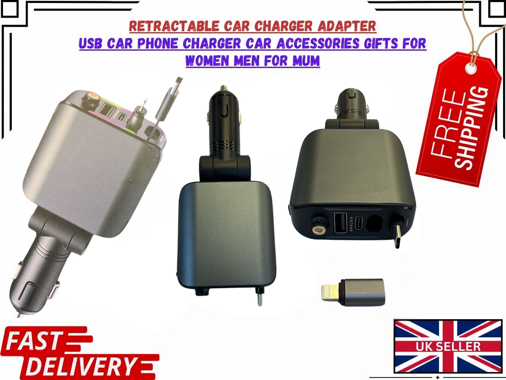 Fast Car Charger Adapter 3-Port USB-C PD QC4.0 Retractable Cable iPhone Android