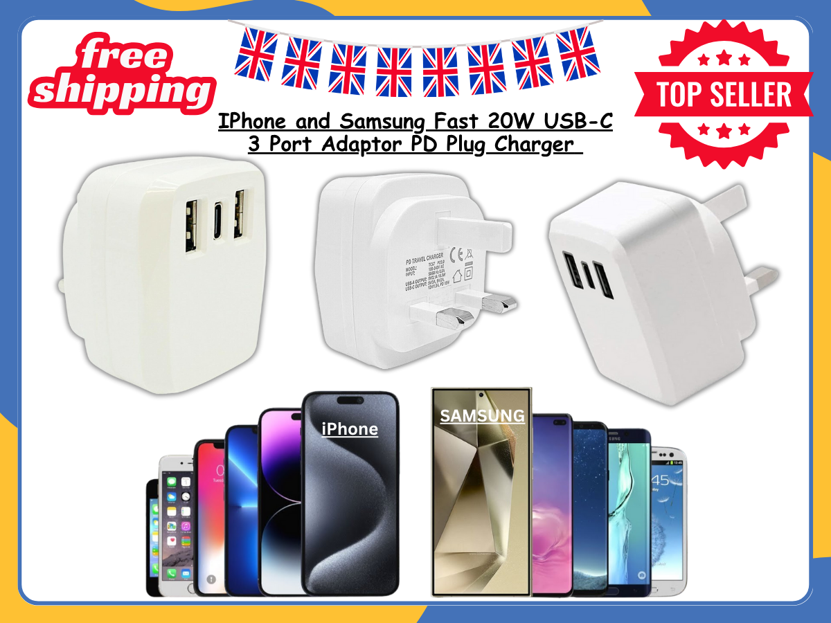 USB-C 20W PD Plug Charger For iPhone Samsung 3 Port Adaptor Fast Charging UK