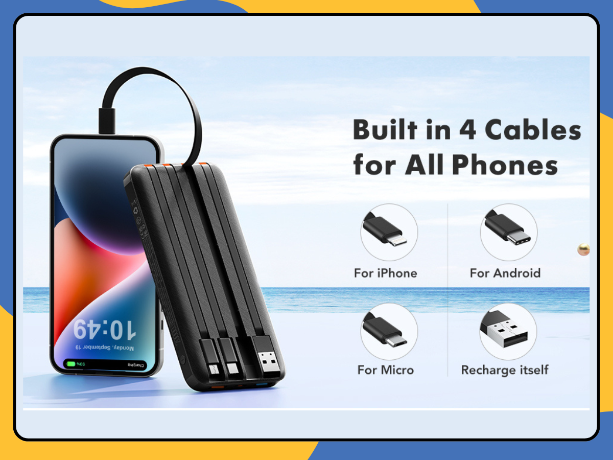 Power Bank 10000mAh with 4-in-1 Cables USB-C Micro USB Fast Charger UK Black