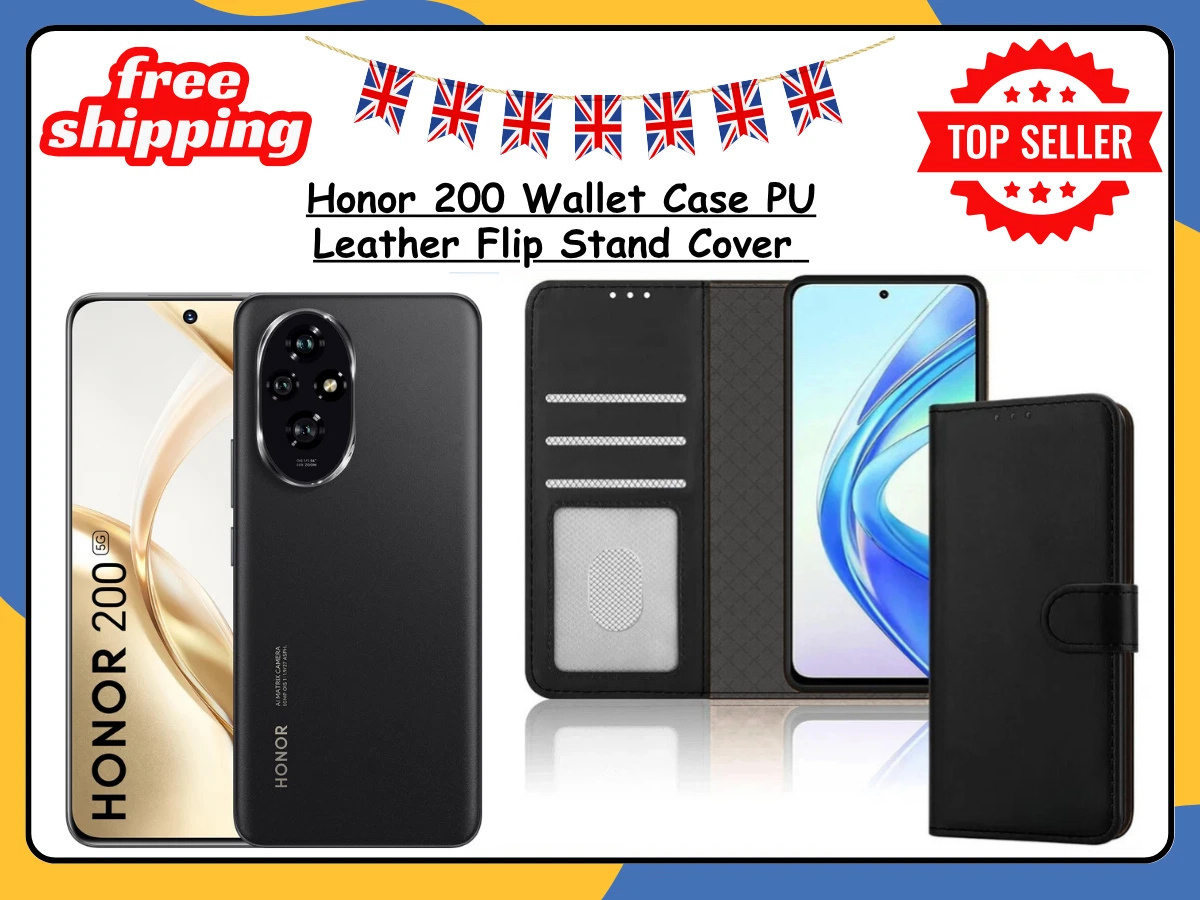 Honor 200 Leather Wallet Case Flip Magnetic Shockproof Stand Slim Black Cover UK