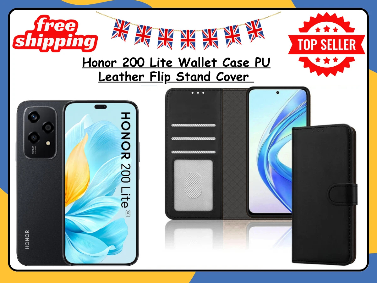 For Honor 200 Lite Leather Wallet Case Flip Stand Phone Cover Card Holder Black