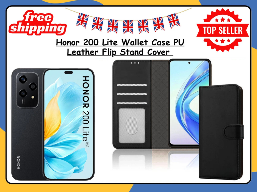 For Honor 200 Lite Leather Wallet Case Flip Stand Phone Cover Card Holder Black