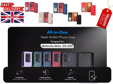 Motorola Moto G05 / E15 Folio Leather Gel Wallet Case Flip Stand Cover