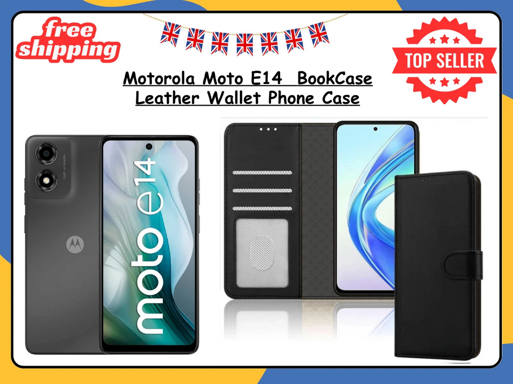 Motorola Moto E14 Wallet Case PU Leather Flip Stand Cover Card Slots Black UK