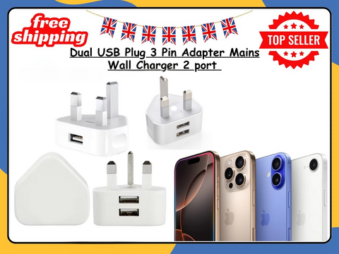 UK 3 Pin Dual USB Wall Charger Plug Mains Fast Charging 2-Port Adapter for Phone
