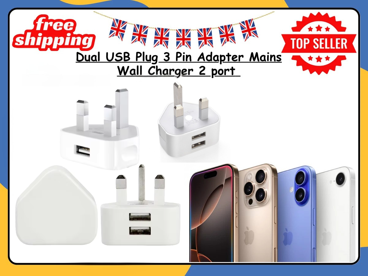 UK 3 Pin Dual USB Wall Charger Plug Mains Fast Charging 2-Port Adapter All Phone