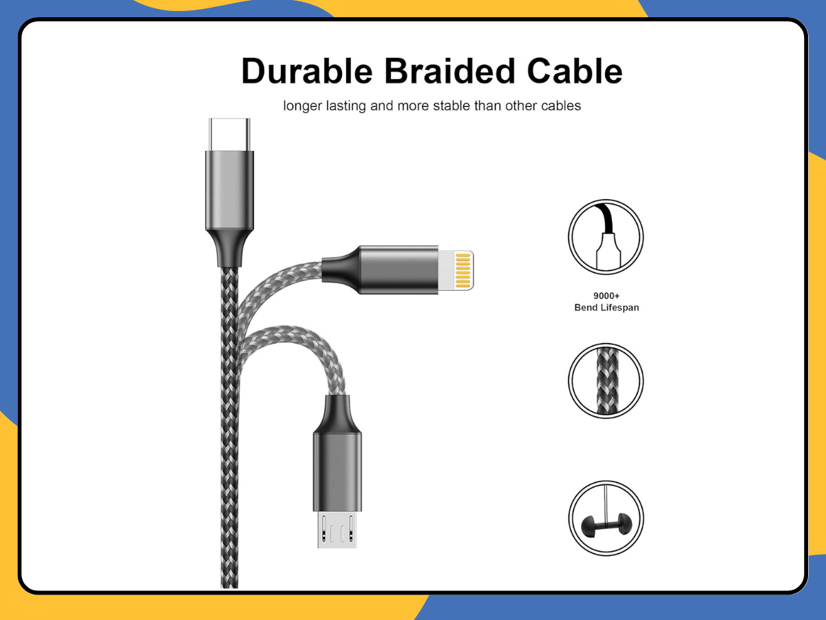 3 in 1 Fast Charging Cable USB-C PD Micro USB Charger Cord for Android Black UK