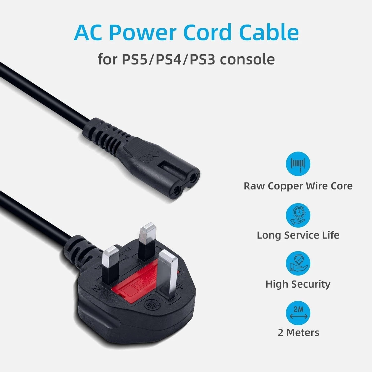 UK Power Cable C7 Figure 8 Power Lead, Power Cable/Kettle Lead for PS5/PS4