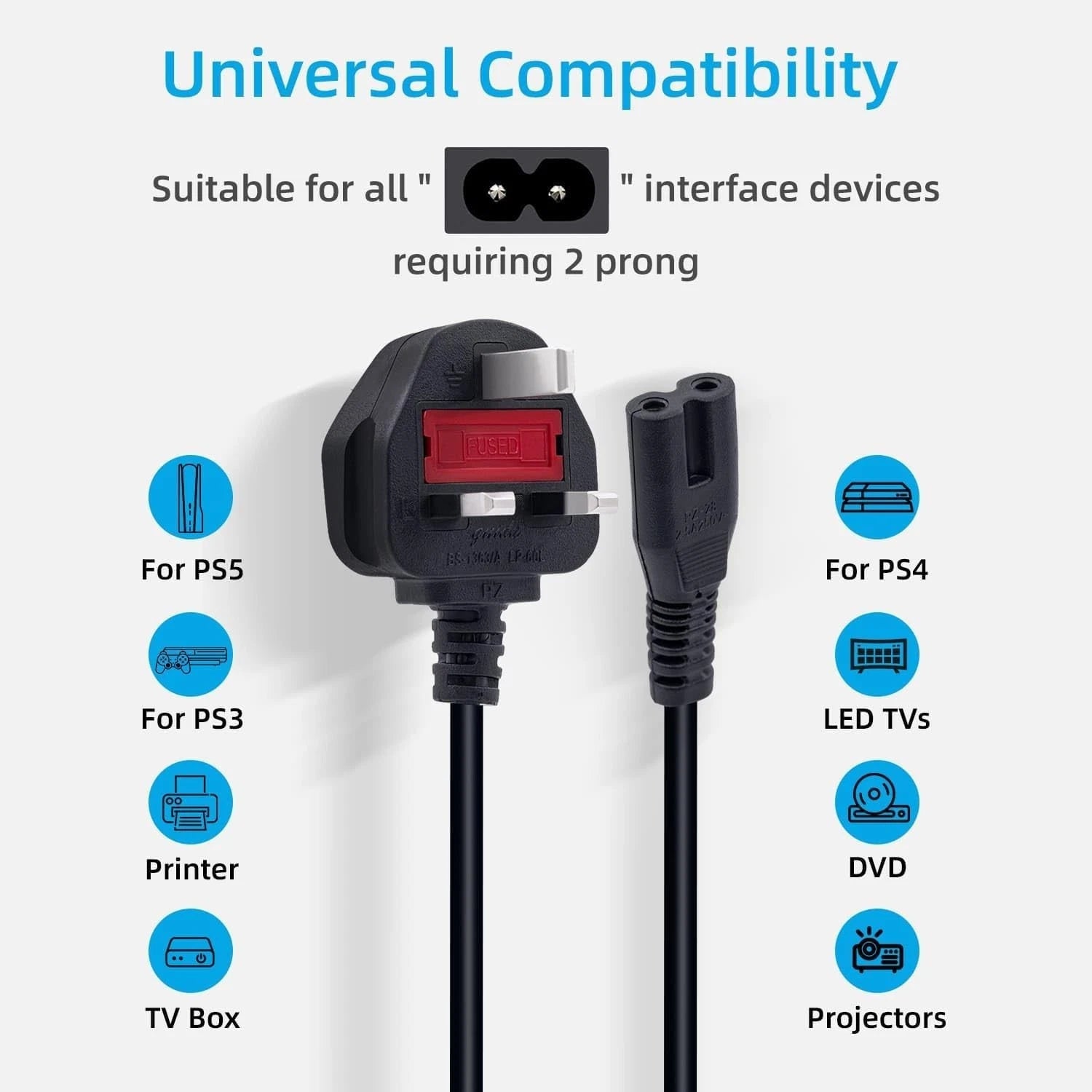 UK Power Cable C7 Figure 8 Power Lead, Power Cable/Kettle Lead for PS5/PS4