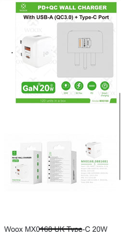 Woox MX0168 UK Tupe-C 20W PD& USB 3A QC Wall Charger Without Cable,White
