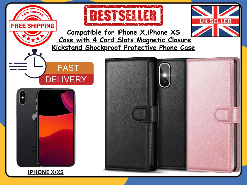 PU Leather Wallet Case for iPhone X/XS – Flip Cover, Card Holder, UK Stock